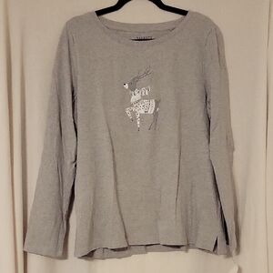 Talbots Crewneck Long Sleeve Gray Long Sleeve Top With Reindeer Design